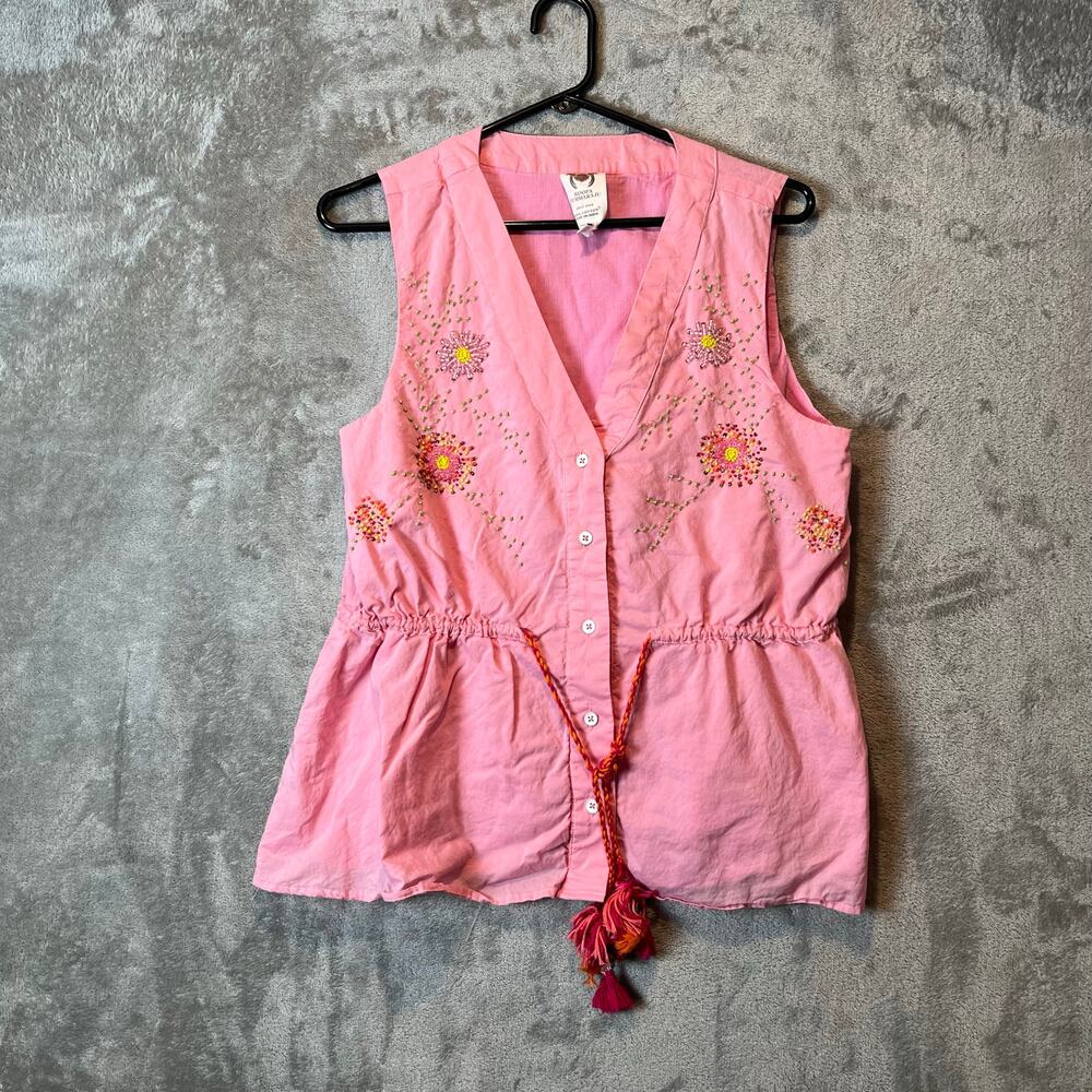 Roopa Pemmaraju Anthropologie Embroidered Beaded Vneck Blouse Medium Pink Cotton
